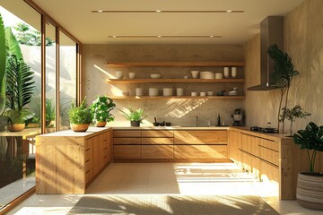 Eco-friendly minimalist kitchen with bamboo cabinets and green houseplants
