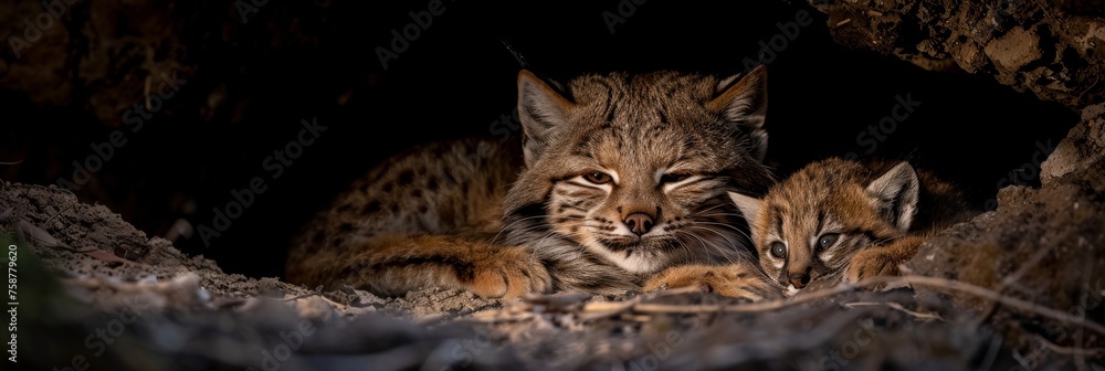 Poster geoffroy s cat and kitten portrait with ample space on the left for text placement