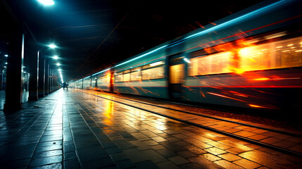 Fototapeta premium Speeding Through: Capturing the Dynamic Energy of Passing Trains at a Station Platform
