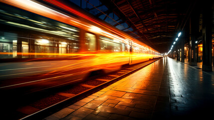 Fototapeta na wymiar Dynamic Train Station: Speed Blur and Shining Lights in Motion