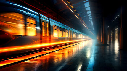 Fototapeta premium Dynamic Train Station: Capturing the Speed and Light Show of Passing Trains