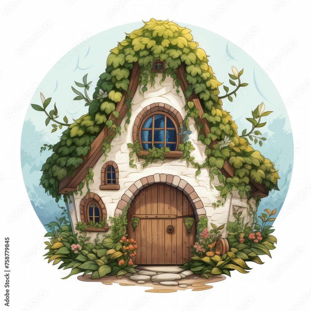 Poster generative ai a storybook-like house showcasing a round door and a slanted roof covered in foliage.
