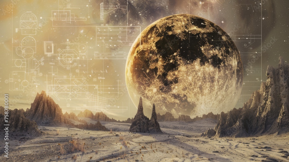 Poster a computer-generated depiction of an alien planet seen from a distance, showcasing its unique terrai