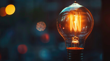 A light bulb illuminated and switched on, glowing brightly in a room - Powered by Adobe