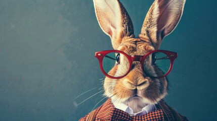 A stylish rabbit dressed in a tweed suit and red glasses poses with a sophisticated air