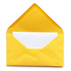 Open yellow envelope with paper card inside, isolated on white сreated with Generative Ai