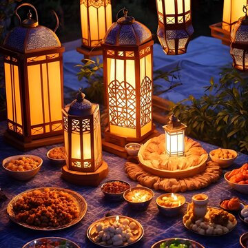 Iftar served during the Holy month of Ramadan .Ramadan Kareem, lantern,  food