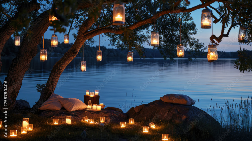Poster Several lanterns dangle from a tree, creating an enchanting display of illumination in an outdoor setting