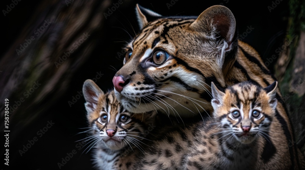 Poster male margay and kitten portrait with empty space for text and object on right side