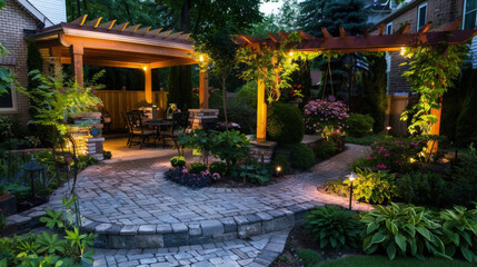 A patio featuring a stone walkway leading to a pergola-covered seating area, surrounded by green plants and flowers