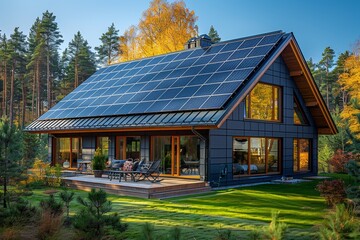 Fototapeta na wymiar Forest oasis: modern house powered by solar energy