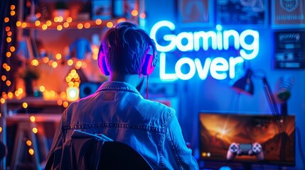 Young man playing video games at home with neon lights. Gaming lover concept.
