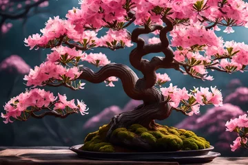 Tafelkleed japanese garden with flowers, Immerse yourself in the captivating beauty of nature with an AI-generated image featuring a stunning azalea bonsai tree adorned with delicate pink flowers, captured in ex © SANA