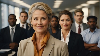 Fototapeta premium A mature businesswoman with a warm smile stands confidently in her office, surrounded by a diverse group of colleagues. The corporate manager exudes professionalism and leadership.
