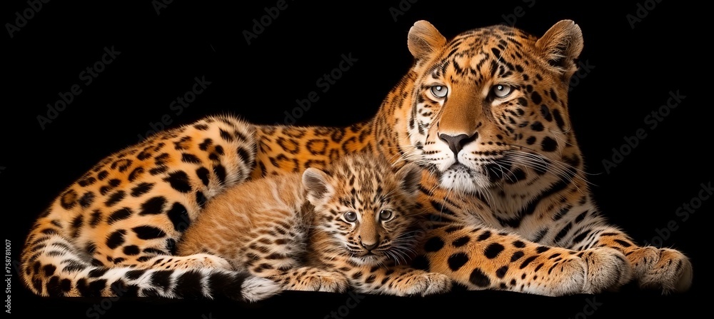 Poster portrait of male panther and cub with empty space for text, object positioned on right side