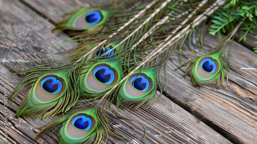 Poster Detailed macro photography of colorful peacock feathers creating a captivating background