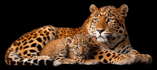 Portrait of male panther and cub with empty space for text, object positioned on right side