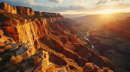 Plexiglas foto achterwand Generative AI conic canyon rims, drone's altitude, sun setting, rugged terrain, high-definition sunset tableau in the Grand Canyon © vadosloginov