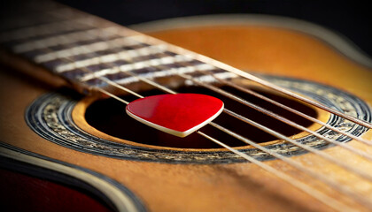 Obraz premium Extreme close-up of a red guitar pick (plectrum) above the strings of the fretboard of an old acoustic guitar. String instrument concept. Generative Ai.