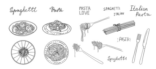 Big set of pasta, Italian cuisine, spaghetti and fork with spaghetti. Pasta time. Pasta lover. Doodle style.  Hand drawn. Great for menu design, banners, sites, packaging. Vector illustration EPS10