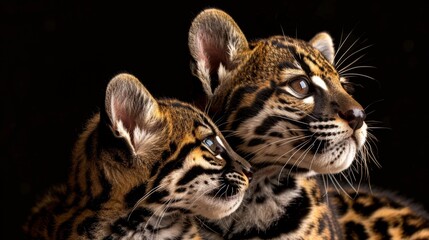 Male margay and kitten portrait with empty space on left for text, object on right side
