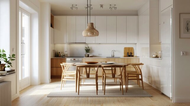 wood and white surfaces decorated kitchen with dining table. Scandinavian basic home interior. 