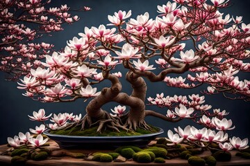tree with flowers, Immerse yourself in the intricate beauty of nature with an AI-generated image featuring an exquisite bonsai magnolia tree, captured in stunning detail through plant photography