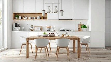 wood and white surfaces decorated kitchen with dining table. Scandinavian basic home interior. 