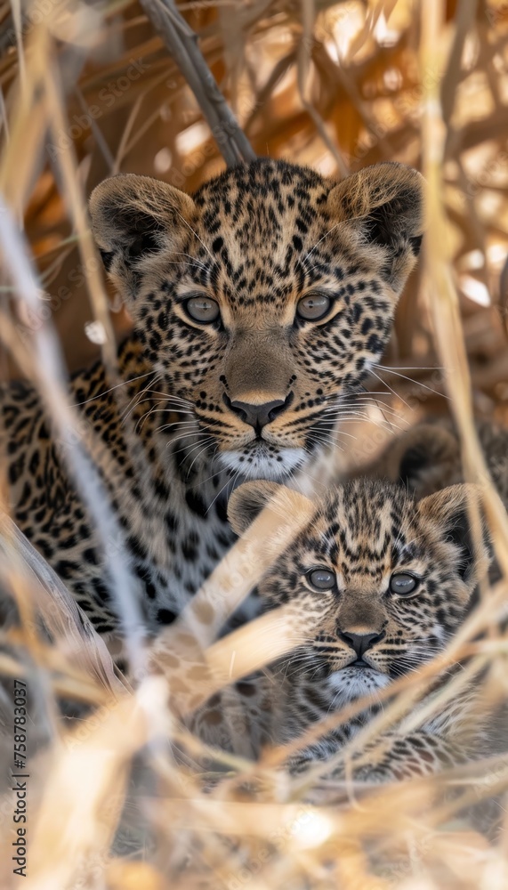 Aufkleber male leopard and cub portrait with empty space on left for text, object on right side