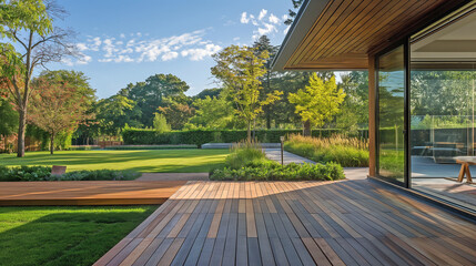 Beautiful garden with seating and lush greenery, captured from the perspective of wood large patio area