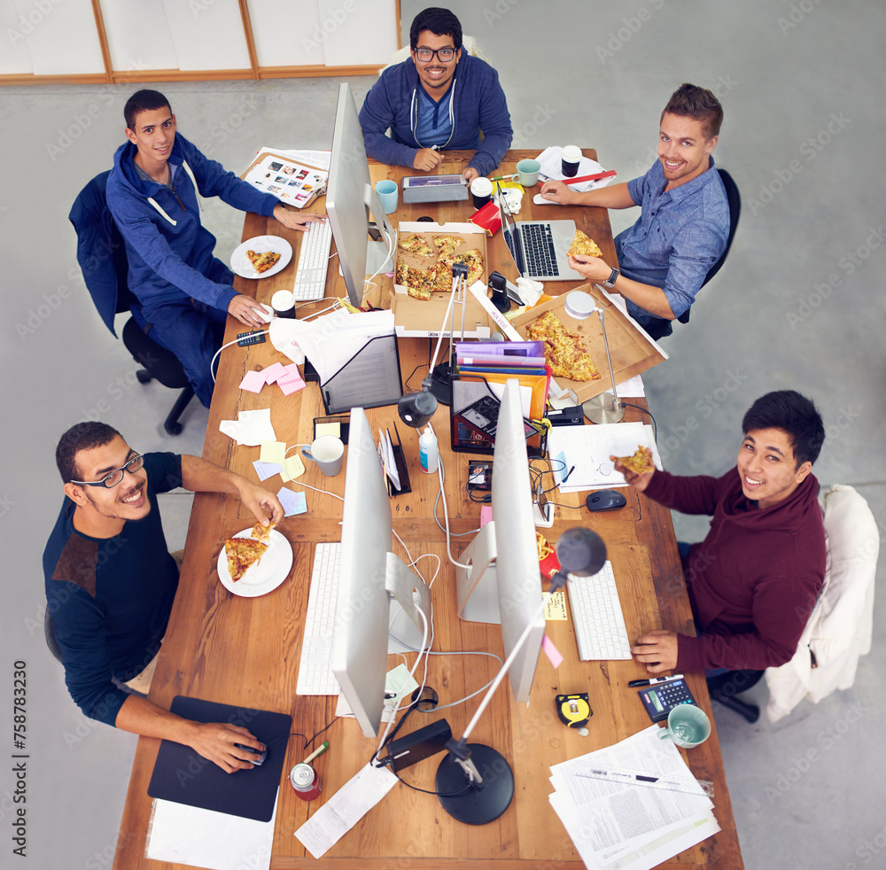Poster business team, men and portrait while eating with top view for deadline, pizza and coworking company
