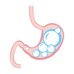 Medical illustration of Abdominal bloated stomach. Transperant ball inside stomach. Gases in stomach. Overeating problem, diabetic prevention banner design. Hunger symptom, belly disease background