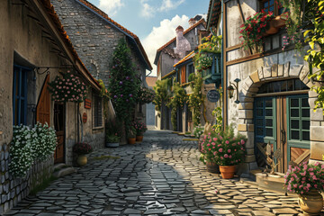 Fototapeta na wymiar Charming cobblestone street in idyllic european village
