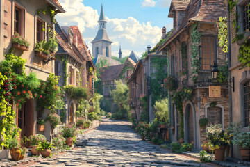 Charming cobblestone street in quaint european village