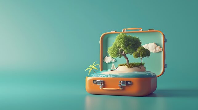 3D render of a travel suitcase with a summer landscape inside, a fantasy world illustration, isometric with a solid background color