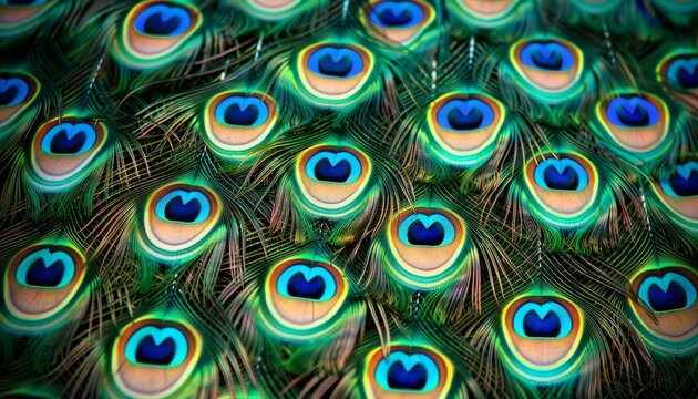 Detailed macro photography of vibrant peacock feathers creating a striking background image