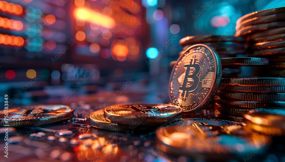 Aufkleber piled bitcoin, a focus on cryptocurrency wealth amidst a blurred mining environment