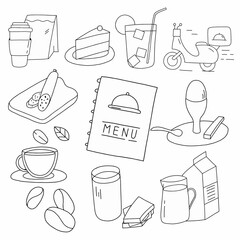 Hand-Drawn Doodle Collection Depicting Assorted Coffee Shop Items and Accessories