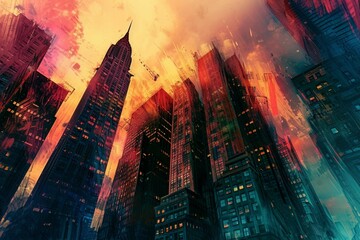 Artistic painting of skyscrapers.Abstract style. Cityscape