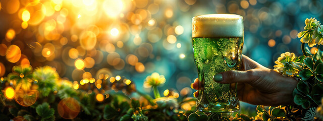 Hand holding a beer glass with sparkling bubbles in golden sunset light