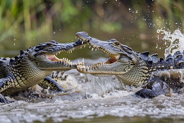Obraz premium Two Alligators Swimming in Water