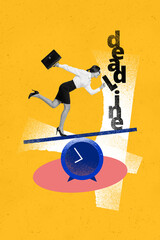 3d retro abstract creative artwork template collage of clock time balance businesswoman scale time management weird freak bizarre unusual