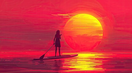 A solitary figure paddleboards in a vivid red waterscape with a huge sun. - obrazy, fototapety, plakaty