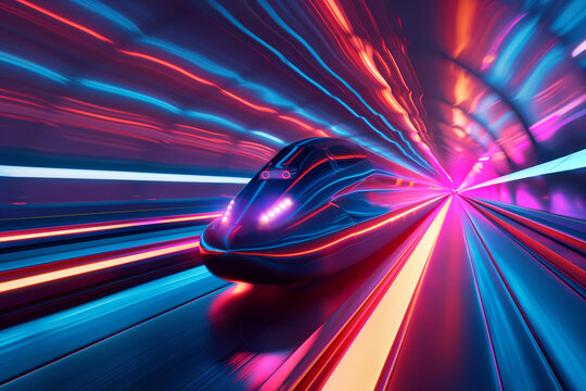 Futuristic hyperloop train speeding through neon tunnel