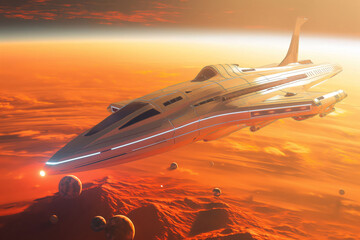 Futuristic spaceship soaring over alien planet at sunset