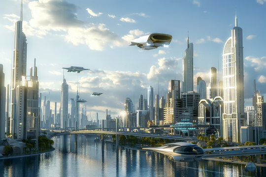 Futuristic cityscape with flying vehicles