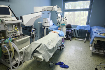 Doctor is doing surgery to patients eye at the center of endosurgery and lithotripsy.
