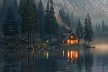 Obraz premium Enchanted lakeside cabin at twilight