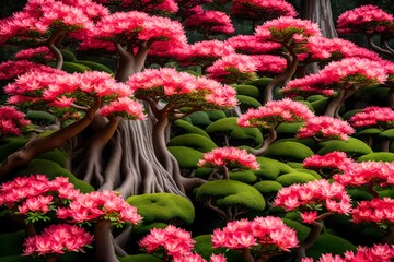 flowers in a garden, Immerse yourself in the mesmerizing beauty of nature with an AI-generated image showcasing an ultra-detailed and realistic wallpaper featuring the lush leaves of an azalea bonsai 