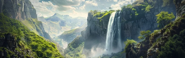 Fotobehang The painting depicts a majestic waterfall cascading down the rugged mountainside, surrounded by lush greenery and rocky terrain. The water flows forcefully, creating a dramatic scene in the tranquil m © vadosloginov